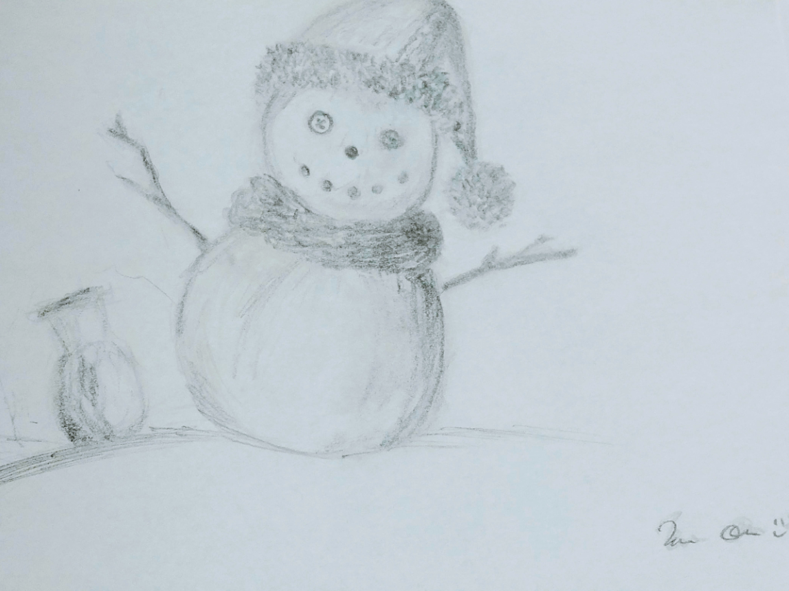 A sketch of a snowman and a lamp next to it.